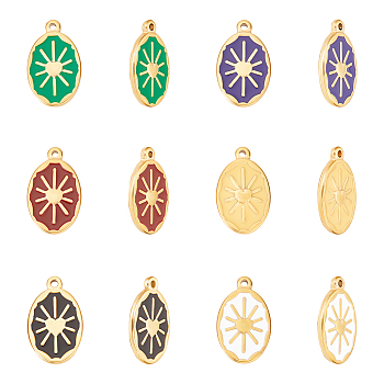 12Pcs 6 Colors Enamel Pendants, with Golden Plated 304 Stainless Steel Findings, Oval with Sun, Mixed Color, 23.5x14x2.5mm, Hole: 1.6mm, 2pcs/color
