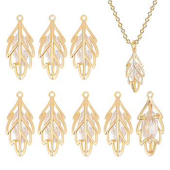 10Pcs Brass Pave Clear Cubic Zirconia Pendants, Nickel Free, Leaf, Real 18K Gold Plated, 18x8x4mm, Hole: 0.7mm