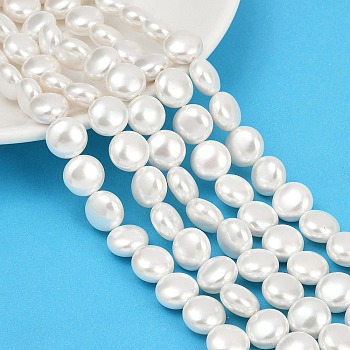 Electroplated Shell Pearl Beads Strands, Flat Round, Polished, White, 12x8mm, Hole: 1mm, about 34pcs/strand, 16.14''(41cm)