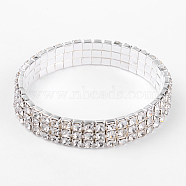 Valentines Ideas for Girlfriend Wedding Diamond Bracelets, 3 Row Stretch Rhinestone Bracelets, Brass, Silver Color Plated, about 11mm wide, 5cm inner diameter(B115-3)