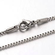 304 Stainless Steel Box Chain Venetian Chain Necklaces, with Lobster Claw Clasps, Stainless Steel Color, 23.6 inch(60cm), 1.4mm(NJEW-I065-13C)