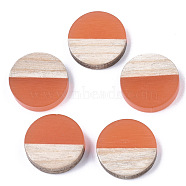 Resin & Wood Cabochons, Flat Round, Two Tone, Coral, 15x3.5mm(RESI-R425-05G)