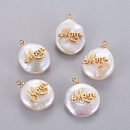 Mother's Day Theme, Natural Cultured Freshwater Pearl Pendants, with Brass Cabochons, Nuggets with Word Mom, Golden, 14~28x12~22x5~12mm, Hole: 1.2mm(PEAR-J004-07G)