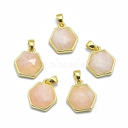 Natural Rose Quartz Pendants, with Golden Tone Brass Findings, Hexagon, Faceted, 13.5x14x5mm, Hole: 2.5mm(G-O176G-09G)