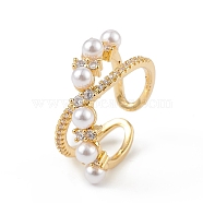 Clear Cubic Zirconia Criss Cross Open Cuff Ring with Plastic Pearl Beaded, Rack Plating Brass Jewelry for Women, Lead Free & Cadmium Free, Real 18K Gold Plated, Inner Diameter: 18mm(RJEW-F139-03G)