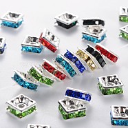 Brass Rhinestone Spacer Beads, Square, Nickel Free, Silver Color Plated, Mixed Color, about 7mm wide, 7mm long, 3mm thick, hole: 1mm(RSB073)