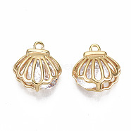 Brass Clear Cubic Zirconia Charms, Nickel Free, Shell/Scallop Shape, Real 18K Gold Plated, 12.5x11.5x6.5mm, Hole: 1.2mm(KK-T056-84G-NF)