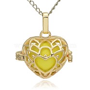 Golden Tone Brass Hollow Heart Cage Pendants, with No Hole Spray Painted Brass Round Beads, Yellow, 24x26x18mm, Hole: 3x8mm(KK-J243-04G)