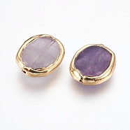 Natural Fluorite Beads, Edge Real 18K Gold Plated, Oval, 18~18.5x13.5~14.5x5~7mm, Hole: 0.7mm(G-O168-05G)