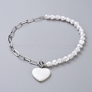 Pendant Necklaces, with Plastic Imitation Pearl Beads, 304 Stainless Steel Paperclip Chains and Toggle Clasps, Heart, Stainless Steel Color, 15.94 inch(40.5cm)(NJEW-JN02690-01)