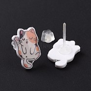 Acrylic Cat Stud Earrings with Platic Pins for Women, Light Salmon, 14.5x10.5mm, Pin: 1mm(EJEW-F293-04A)
