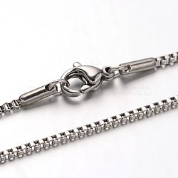 Non-Tarnish 304 Stainless Steel Box Chain Venetian Chain Necklaces, with Lobster Claw Clasps, Stainless Steel Color, 23.6 inch(60cm), 1.4mm(NJEW-I065-13C)