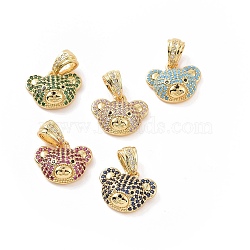 Brass Micro Pave Cubic Zirconia Pendants, Bear Head Charm, Golden, Mixed Color, 16x13x5.5mm, Hole: 6.5x3.5mm(KK-C012-03G)