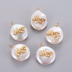 Mother's Day Theme, Natural Cultured Freshwater Pearl Pendants, with Brass Cabochons, Nuggets with Word Mom, Golden, 14~28x12~22x5~12mm, Hole: 1.2mm(PEAR-J004-07G)