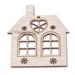 Undyed Wooden Big Pendants, Cabin with Heart, BurlyWood, 77.5x65.5x2mm, Hole: 3mm(WOOD-S040-03)