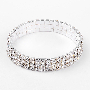Valentines Ideas for Girlfriend Wedding Diamond Bracelets, 3 Row Stretch Rhinestone Bracelets, Brass, Silver Color Plated, about 11mm wide, 5cm inner diameter
