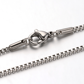 304 Stainless Steel Box Chain Venetian Chain Necklaces, with Lobster Claw Clasps, Stainless Steel Color, 23.6 inch(60cm), 1.4mm
