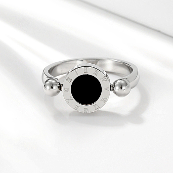 Roman Numerals Brass Finger Ring, Flat Round Signet Ring, Stainless Steel Color, Inner Diameter: 18mm