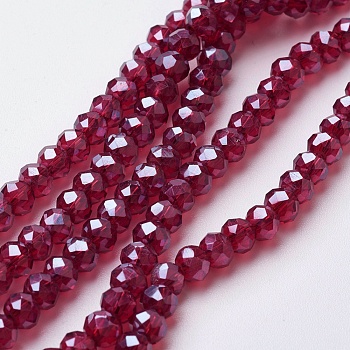Electroplate Glass Beads Strands, Pearl Luster Plated, Faceted, Rondelle, Crimson, 4~4.5x3mm, Hole: 0.5mm, about 130~135pcs/strand, 15.5~16 inch(39~40cm)