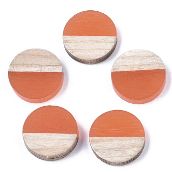 Resin & Wood Cabochons, Flat Round, Two Tone, Coral, 15x3.5mm
