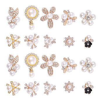 20Pcs 10 Style Alloy Cabochons, with Plastic Imitation Pearl & Crystal Glass Rhinestone, Flower, Mixed Color, 2pcs/style
