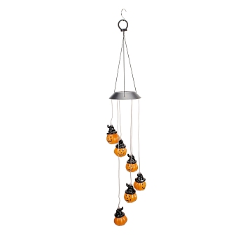 LED Solar Powered Pumpkin Jack-O'-Lantern Wind Chime, Waterproof, with Resin and Iron Findings, for Outdoor, Garden, Yard, Festival Decoration, Halloween Theme, Dark Orange, 822mm