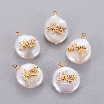 Mother's Day Theme, Natural Cultured Freshwater Pearl Pendants, with Brass Cabochons, Nuggets with Word Mom, Golden, 14~28x12~22x5~12mm, Hole: 1.2mm