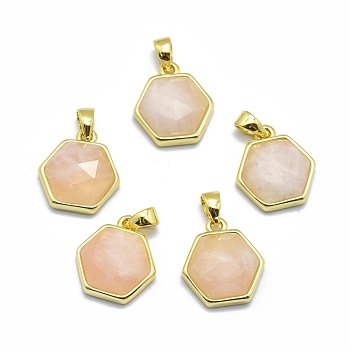 Natural Rose Quartz Pendants, with Golden Tone Brass Findings, Hexagon, Faceted, 13.5x14x5mm, Hole: 2.5mm