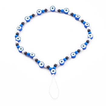Polymer Clay Evil Eye Mobile Straps, with Opaque Acrylic Beads and Nylon Thread, Blue, 25.5cm