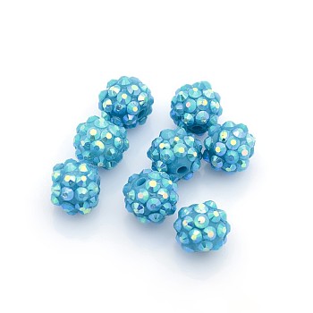 Resin Rhinestone Beads, AB Color, Round, Deep Sky Blue, 12x10mm, Hole: 2mm
