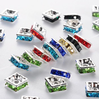 Brass Rhinestone Spacer Beads, Square, Nickel Free, Silver Color Plated, Mixed Color, about 7mm wide, 7mm long, 3mm thick, hole: 1mm