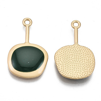 Smooth Surface Alloy Enamel Pendants, Flat Round, Matte Gold Color, Dark Green, 27x17x2.5mm, Hole: 1.8mm