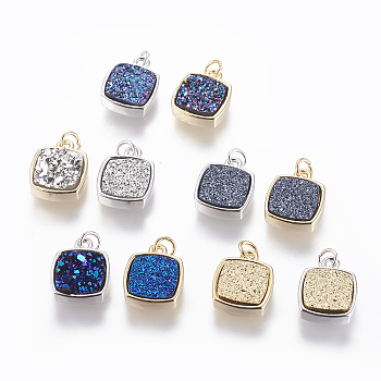 Druzy Resin Pendants, with Brass Finding, Square, Mixed Color, 16x12.5x4~6mm, Hole: 3mm