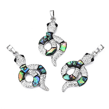 Rack Plating Brass Micro Pave Black Cubic Zirconia Pendants, with Natural Paua Shell, Snake, Platinum, 45x23x6mm, Hole: 5x8mm
