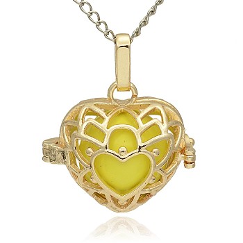 Golden Tone Brass Hollow Heart Cage Pendants, with No Hole Spray Painted Brass Round Beads, Yellow, 24x26x18mm, Hole: 3x8mm