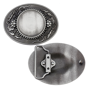 Alloy Oval Belt Buckles, Belt Fastener, Flower Pattern, Antique Silver, 62x82x7.5~12mm, Tray: 40mm