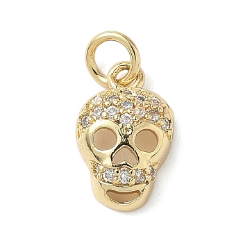 Halloween Theme Brass Micro Pave Cubic Zirconia Skull Charms, with Jump Ring, Real 18K Gold Plated, 13x8x4mm, Hole: 3mm