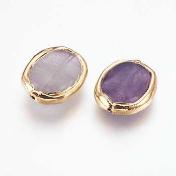 Natural Fluorite Beads, Edge Real 18K Gold Plated, Oval, 18~18.5x13.5~14.5x5~7mm, Hole: 0.7mm