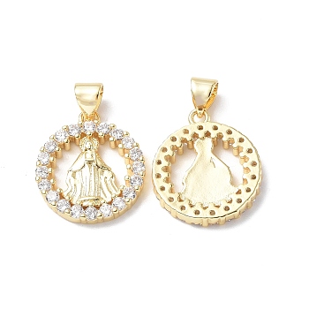 Rack Plating Brass Micro Pave Cubic Zirconia Pendants, Cadmium Free & Lead Free, Flat Round with Religion Virgin Mary Charm, Real 18K Gold Plated, 18.5x16x3mm, Hole: 5x3.5mm