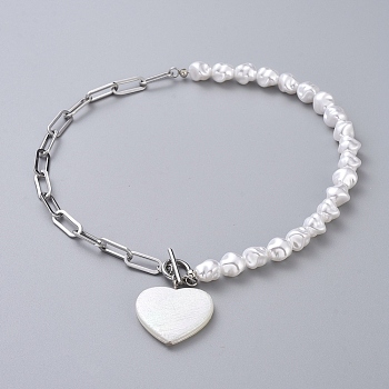 Pendant Necklaces, with Plastic Imitation Pearl Beads, 304 Stainless Steel Paperclip Chains and Toggle Clasps, Heart, Stainless Steel Color, 15.94 inch(40.5cm)