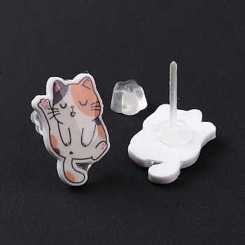 Acrylic Cat Stud Earrings with Platic Pins for Women, Light Salmon, 14.5x10.5mm, Pin: 1mm