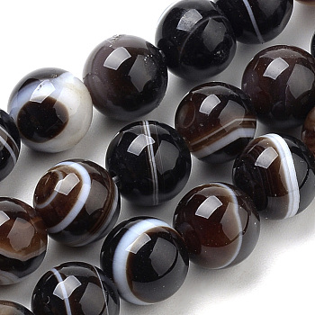Natural Striped Agate/Banded Agate Beads Strands, Dyed, Round, Coconut Brown, 6mm, Hole: 1mm, about 63pcs/strand, 14.96 inch