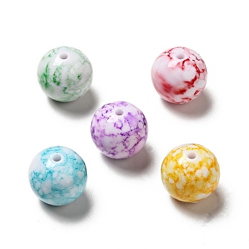 Opaque Acrylic Beads, Round with Ink Danqing Pattern, Mixed Color, 15~16x15mm, Hole: 2mm