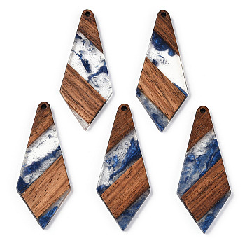 Transparent Resin & Walnut Wood Big Pendants, Kite Charms, Royal Blue, 53x21.5x3mm, Hole: 2mm