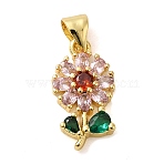 Rack Plating Brass Micro Pave Cubic Zirconia Pendants, Cadmium Free & Lead Free, Long-Lasting Plated, Flower, Real 18K Gold Plated, 17.5x9.5x3mm, Hole: 5x3.5mm(X-KK-P241-09G)