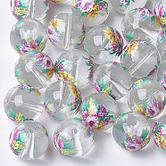 Printed & Spray Painted Transparent Glass Beads, Round with Flower Pattern, Clear, 10~10.5x9.5mm, Hole: 1.6mm(GLAA-S047-04B-06)