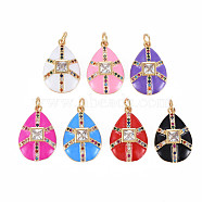 Brass Micro Pave Colorful Cubic Zirconia Pendants, with Jump Rings and Enamel, Nickel Free, Teardrop, Real 16K Gold Plated, Mixed Color, 21x14x4mm, Jump Ring: 5x1mm, 3mm inner diameter(ZIRC-S067-242-NF)