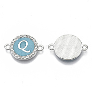 Alloy Enamel Links Connectors, with Crystal Rhinestones, Flat Round with Letter, Silver Color Plated, Letter.Q, 22x16x2mm, Hole: 1.8mm(ENAM-TAC0003-01S-06Q)