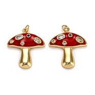 Real 18K Gold Plated Brass Micro Pave Cubic Zirconia Pendants, with Enamel and Jump Rings, Long-Lasting Plated, Mushroom, Red, 28x25x3.5mm, Jump Ring: 5x1mm, 3mm Inner Diameter(X-ZIRC-L100-019G-G)