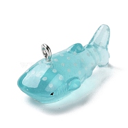 Sea Animal Theme Transparent Resin Pendants, Little Shark Charms with Platinum Tone Iron Loops, Pale Turquoise, 12.5x13.5x28.5mm, Hole: 2mm(RESI-D071-04A)
